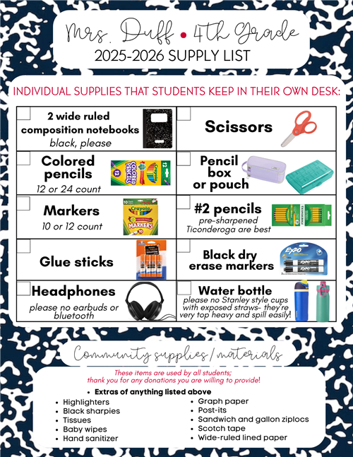 Mrs. Duff's supply list